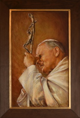 7/  portret papieża św. Jana Pawła II , tech. obraz olejny na płótnie lnianym, wym. 36x60 w świetle ramy, rok 2014, obraz znajduje się w kolekcji prywatnej w woj. dolnośląskim 