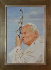 9/obraz  portret Św. Jan Paweł II, tech. olej na płótnie lnianym, wym. 71 x 53cm w oprawie, rok 2017, obraz znajduje się w kościele filialnym pw. Św.Józefa w miejscowości Płociczno, Parafia Matki Bożej Nieustającej Pomocy w Kaliskach, Diecezja Pelplińska 