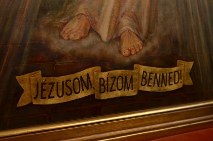 6/ Jezus Miłosierny - szósta kopia obrazu wg. Adolfa Hyły, wym. obrazu w świetle ramy 136 x 68 cm , rok 2019, obraz znajduje się na Węgrzech - Krisztus Király Plébánia - Balatonfüred